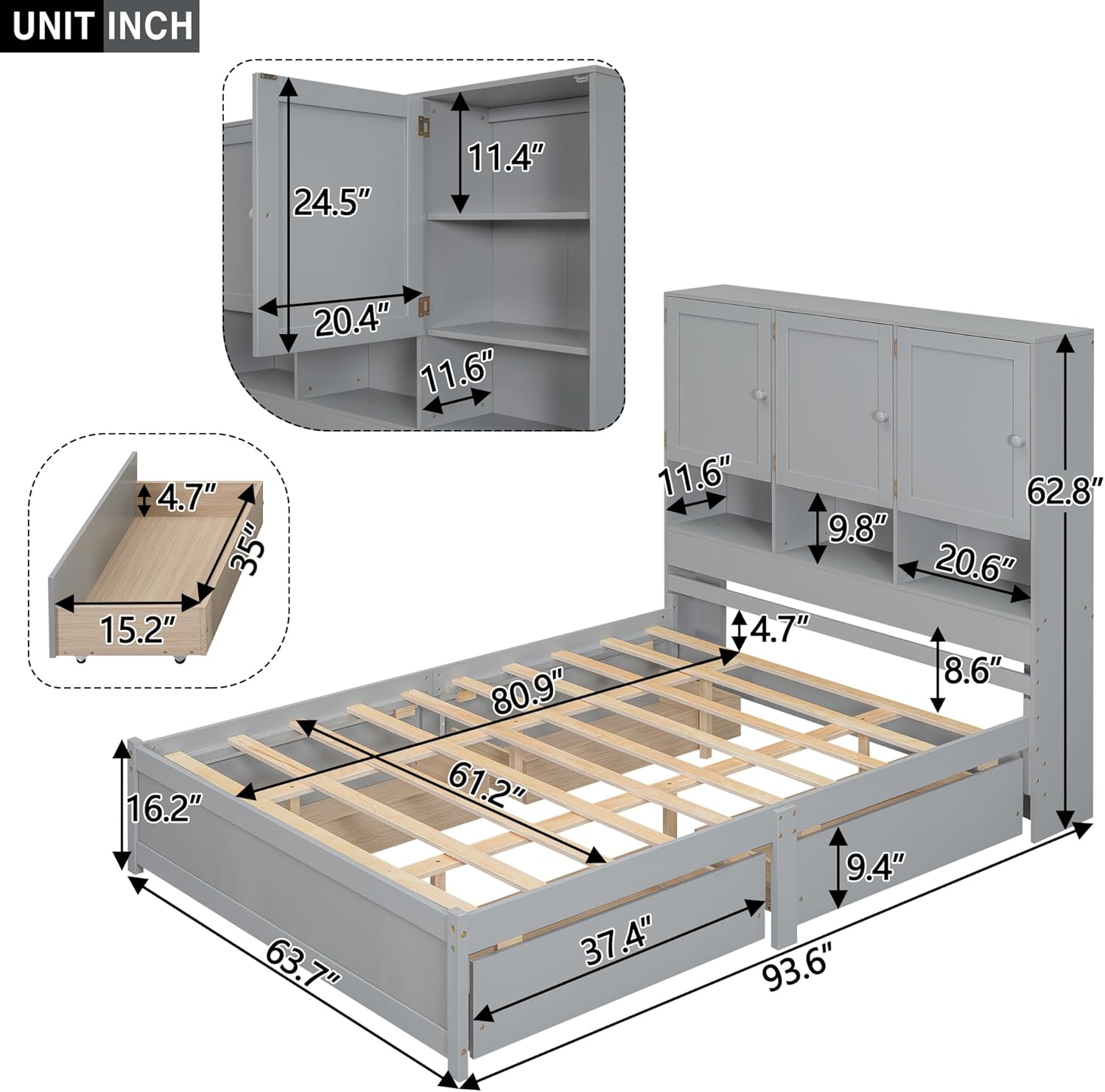 Queen Size Wooden Platform Bed Frame with Storage Headboard, Gray H629094