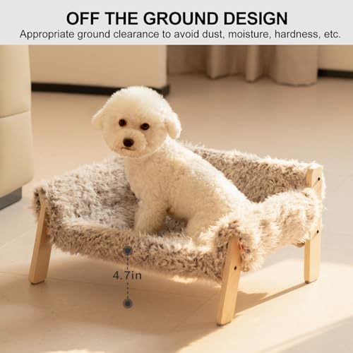 MEWOOFUN Cat Couch Bed, Wooden Pet Sofa with Removable Mattress Cover, Plush Beige F123404