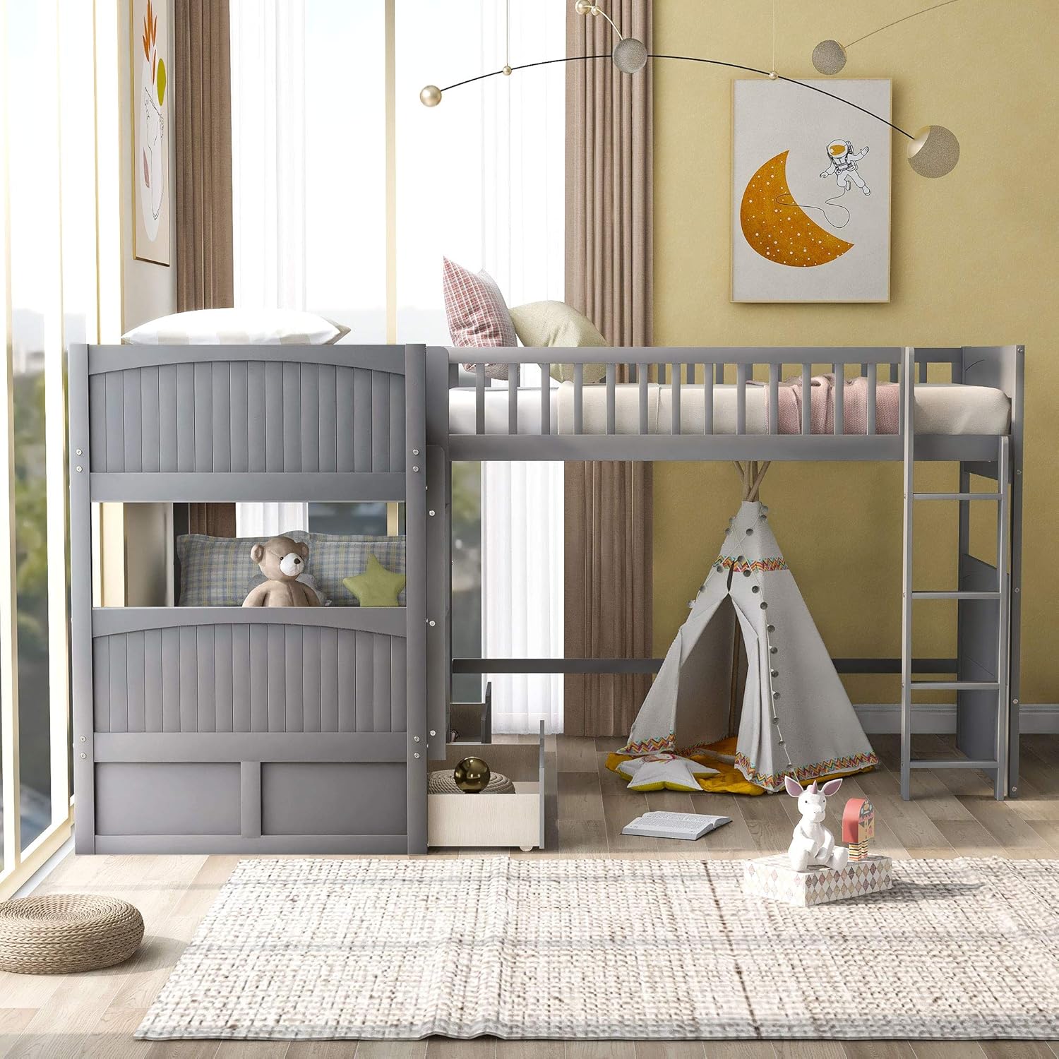 Twin over Twin L-Shaped Triple Bunk Beds with Storage Drawers, Gray Z2907
