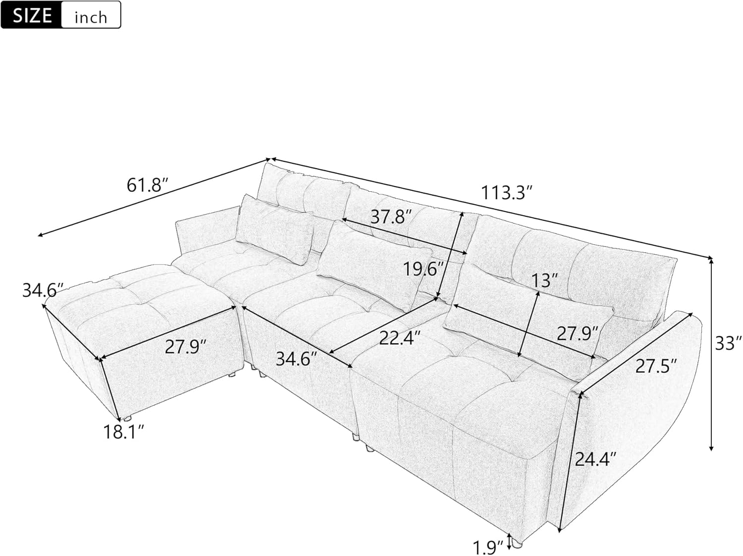 Oversized 114" Convertible Sectional Sofa with Ottoman, Beige X541
