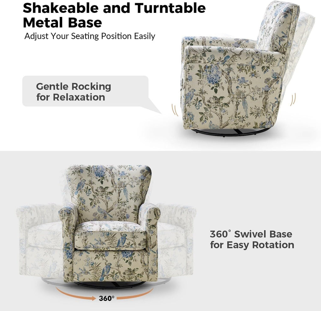 HULALA HOME Georg Floral Fabric Swivel Rocker Chair with Rolled Armrest F6446