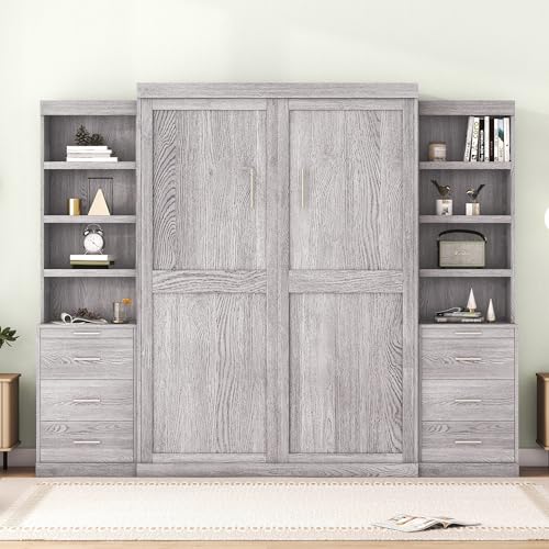 Solid Wood Full Size Murphy Bed with Shelves, Grey-FL4 K329579
