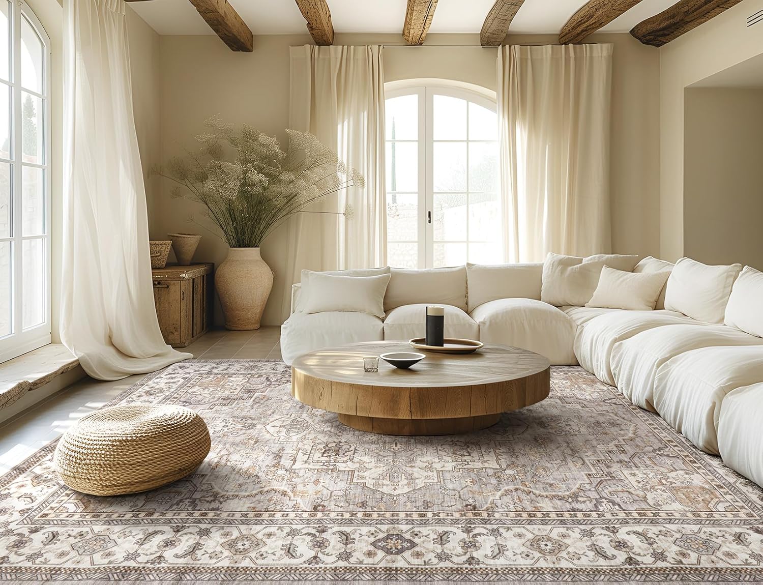 Washable Area Rug 8x10 Neutral Vintage Floral for Living Room X83094