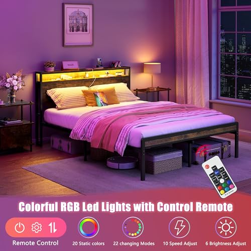 Vintage Brown Bed Frame with LED Light and Charging Station E94634