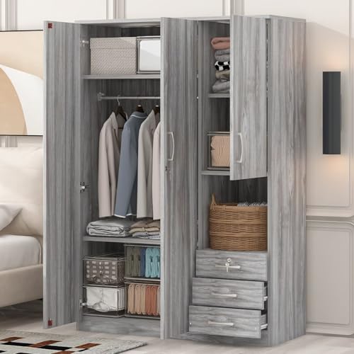 Merax Armoire Wardrobe Closet, 47.2''L*20" D*68.9" H Clothing Storage Cabinet with 6-Tier Shelves and Hanging Rod, Household Wooden Wardrobe Storage Cabinet with 3 Drawers,Grey