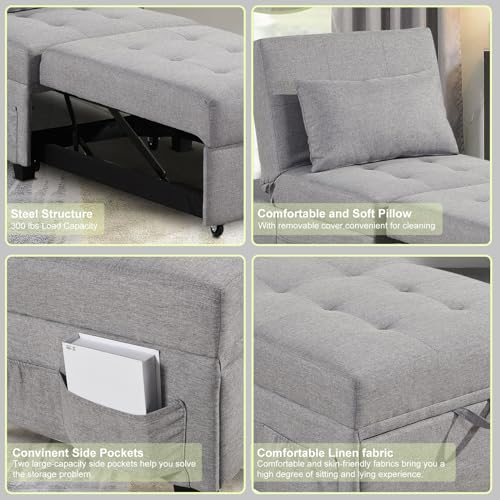 4 in 1 Convertible Sofa Bed Chair with Ottoman, Linen Fabric, Adjustable Backrest C365