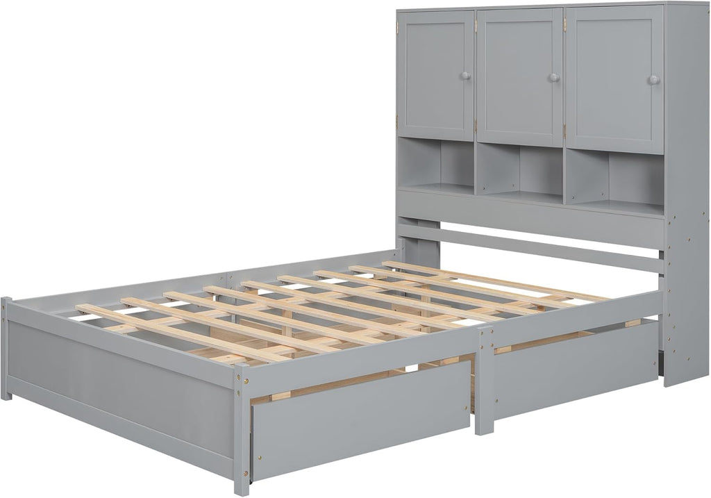 Queen Size Wooden Platform Bed Frame with Storage Headboard, Gray H629094