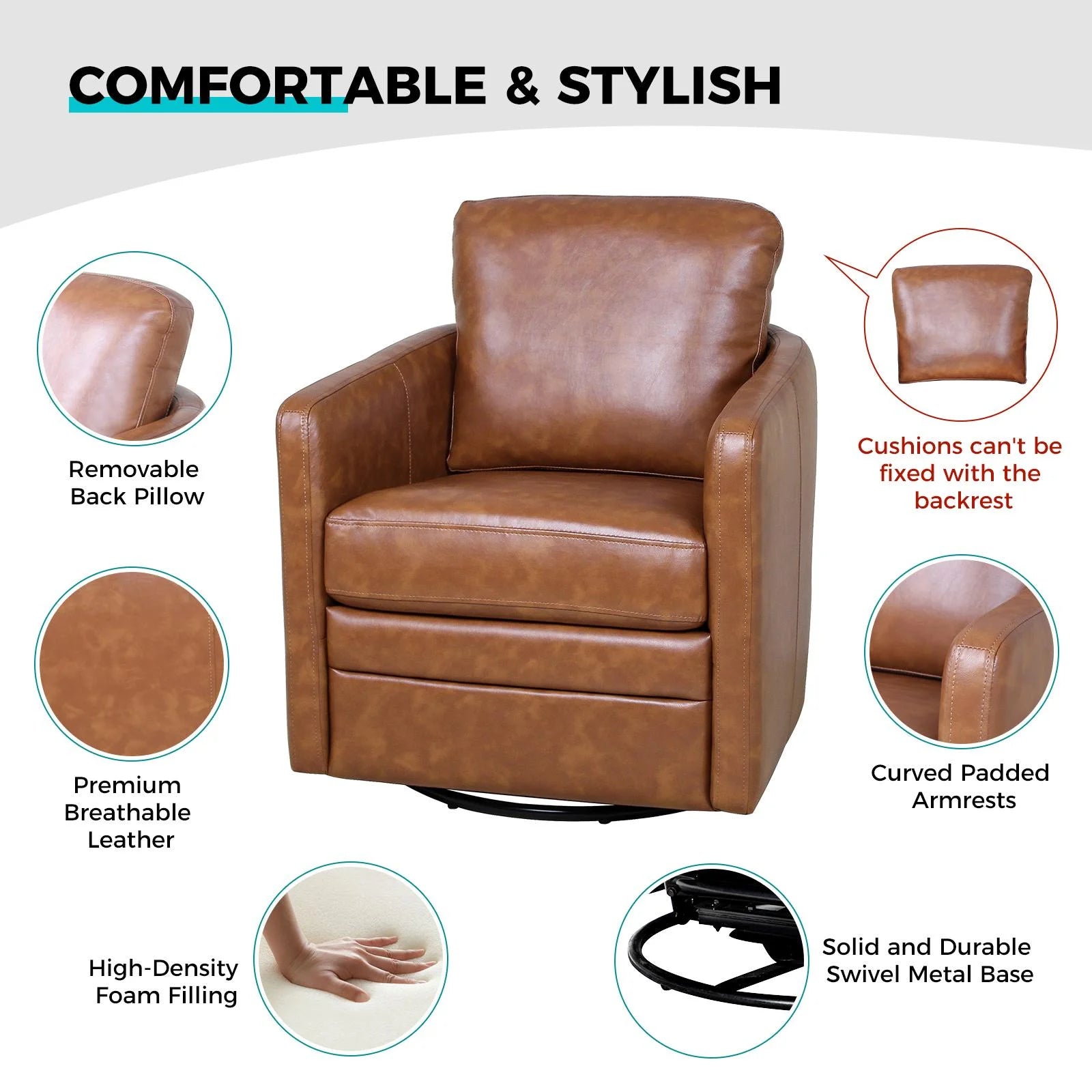 ARTFUL LIVING DESIGN Faux Leather Swivel Accent Chair with Arms Y74991