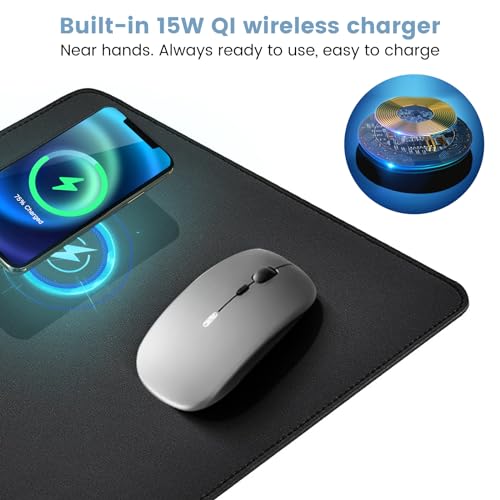 Desk Mat with Wireless Charging Mouse Pad, 32x16, Waterproof Black Leather T876860