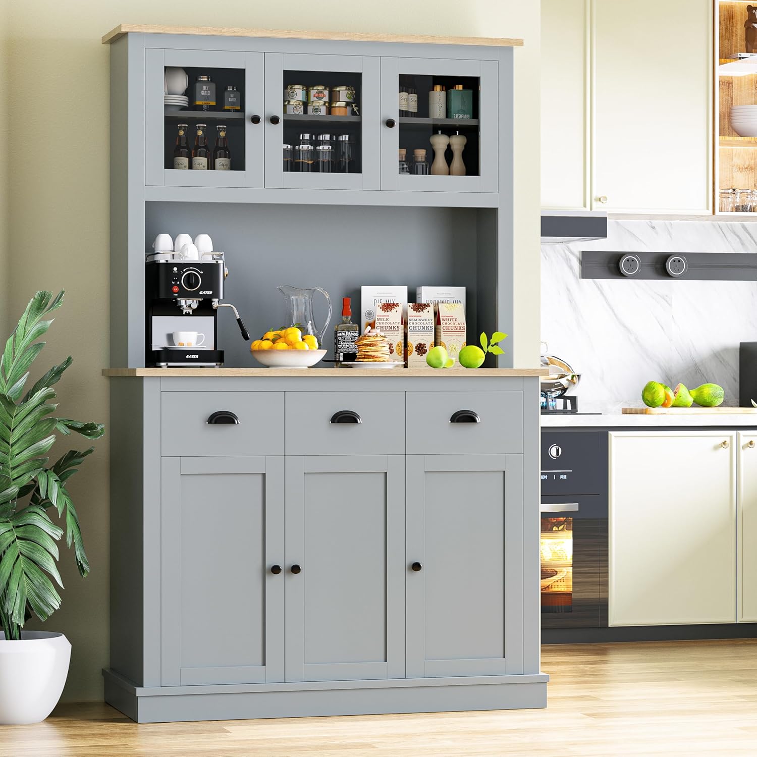MU 71" Kitchen Hutch Storage Cabinet with Countertop, Grey U89791