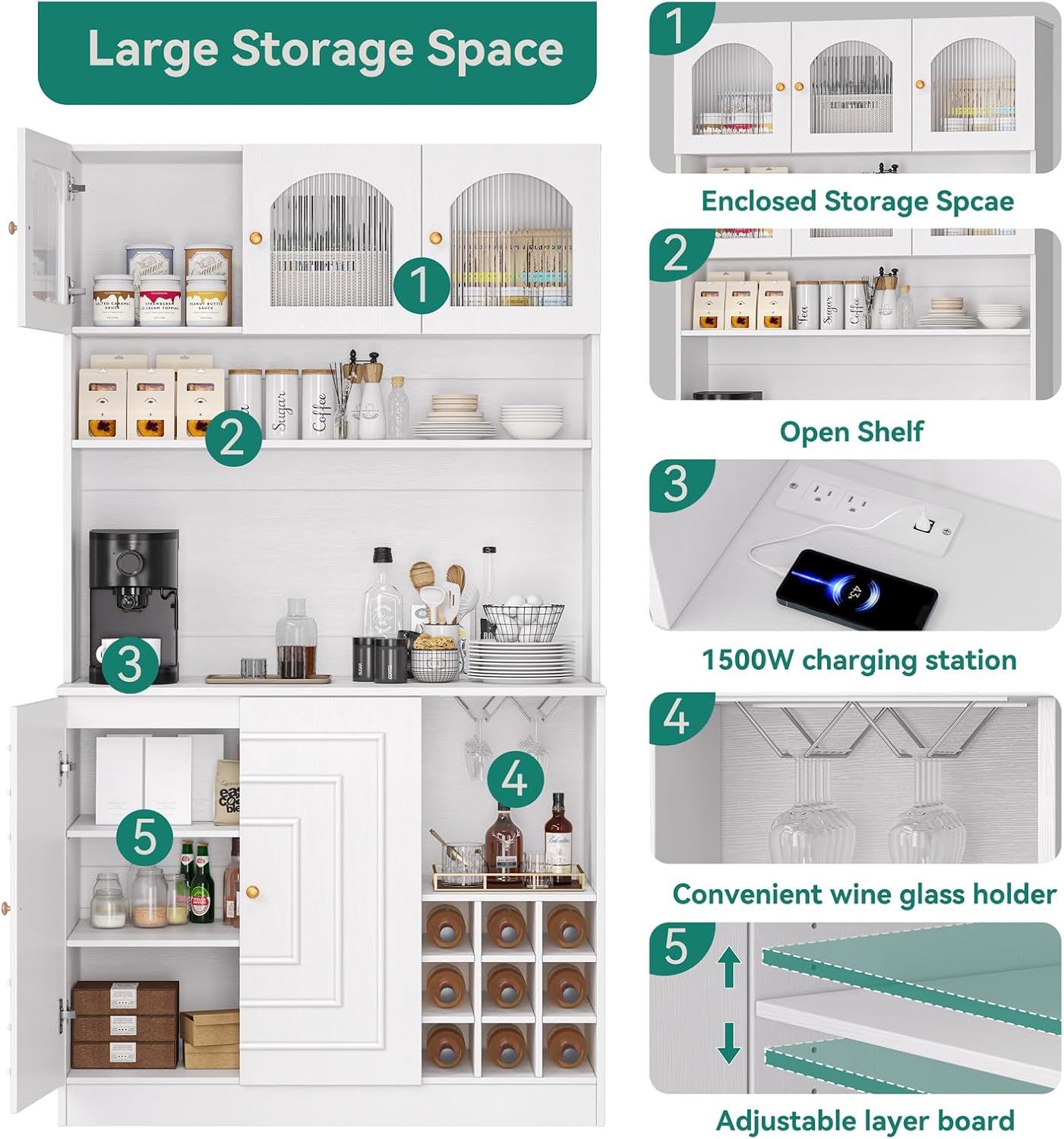 White Freestanding Kitchen Pantry Cabinet with Storage, 71" Tall Q629