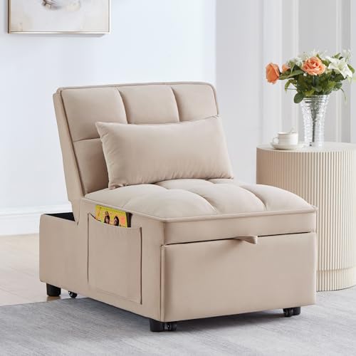 Velvet Sleeper Chair Bed with Adjustable Backrest, Taupe K77548
