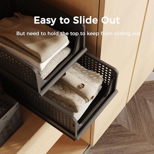 Pinkpum 5 Pack Folding Closet Organizers Storage Box, Stackable Plastic Drawer Basket for Clothing (Grey) H4860