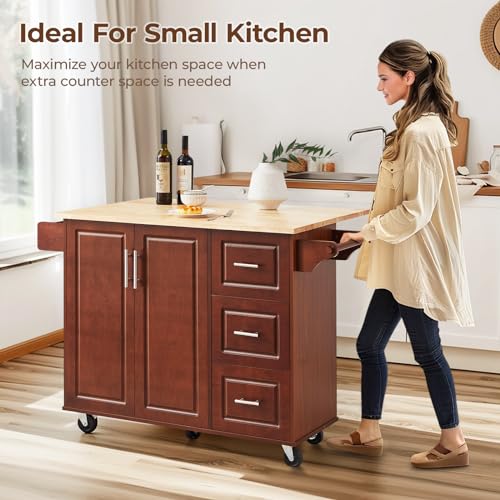 54" Kitchen Island Cart with Drop Leaf, Storage and Wood Tabletop X357