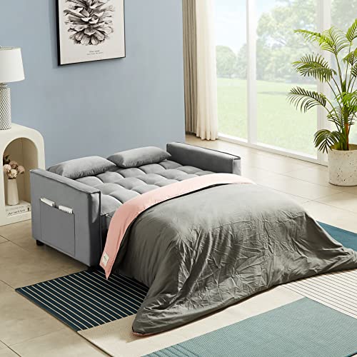 3 in 1 Convertible Sleeper Sofa Bed with Pullout Bed, Velvet, Beige I274535