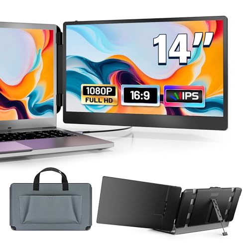 14" Portable Monitor for Laptop, 360° Rotation Laptop Screen Extender with Stand, 1080P FHD IPS Display, HDMI/USB-A/Type-C Plug and Play for Windows, Mac, PC, Xbox, Switch & PS4/5
