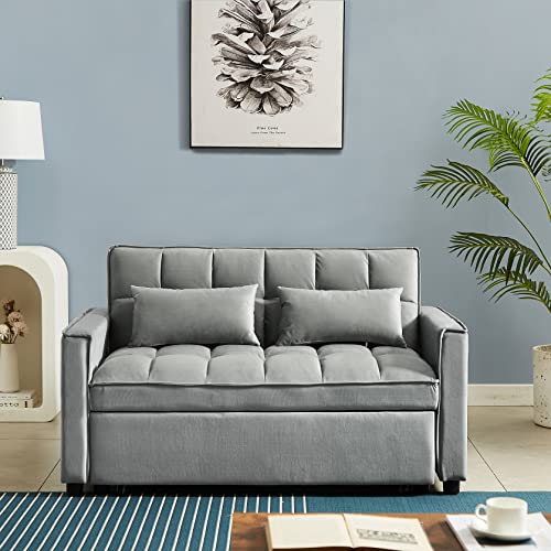 3 in 1 Convertible Sleeper Sofa Bed with Pullout Bed, Velvet, Beige I274535
