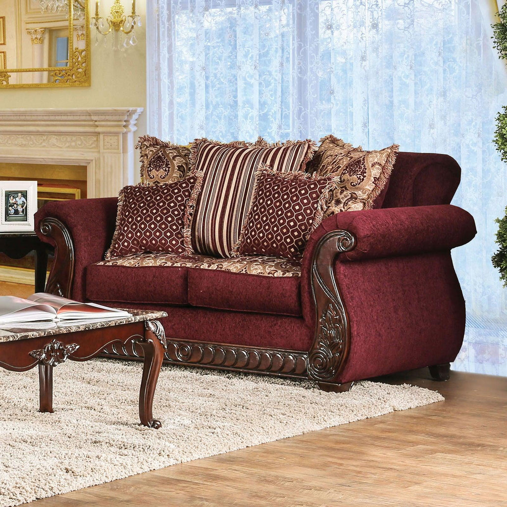 Furniture of America Tabitha Traditional Wine & Gold Fabric Living Room Set 3pcs Z234