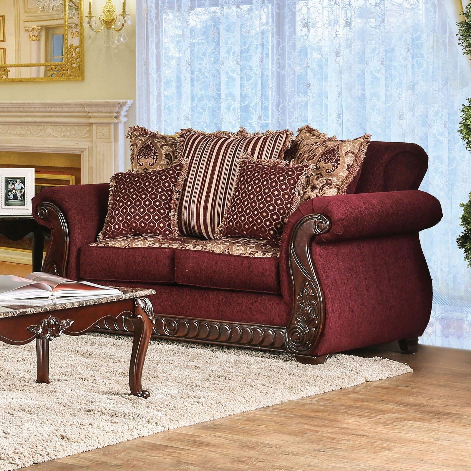 Furniture of America Tabitha Traditional Wine & Gold Fabric Living Room Set 3pcs Z234