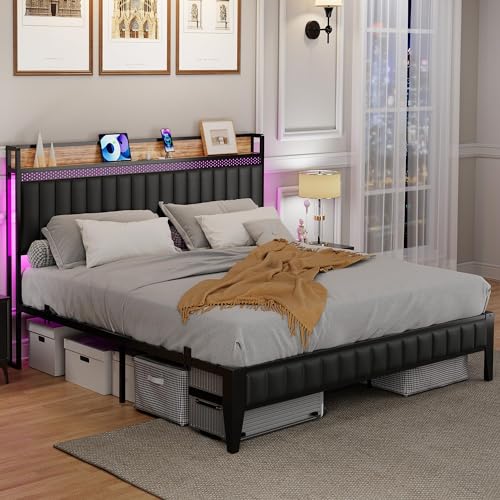 IDEALHOUSE Queen Bed Frame with Charging Station and LED Lights, Black N267458