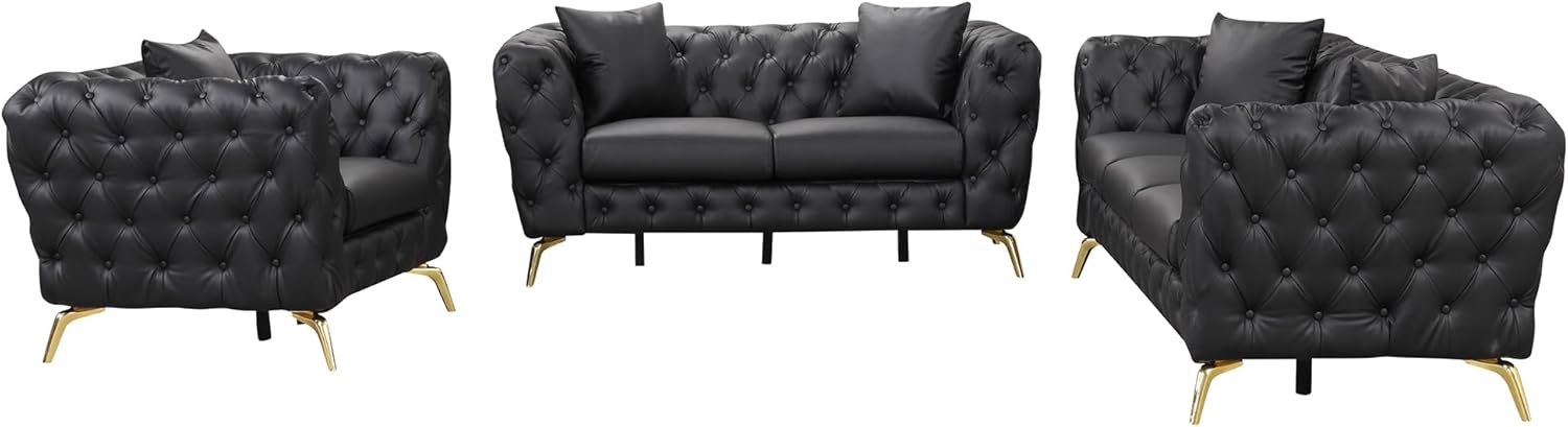 Merax Modern 3-Piece PU Upholstered Sofa Set with Metal Legs, Black D1239