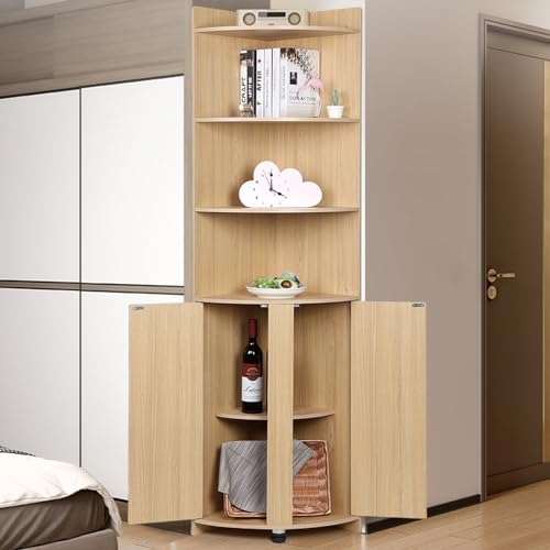 Tall Corner Cabinet with Doors and Shelves, Farmhouse Storage for Living Room, Kitchen, Bathroom G712