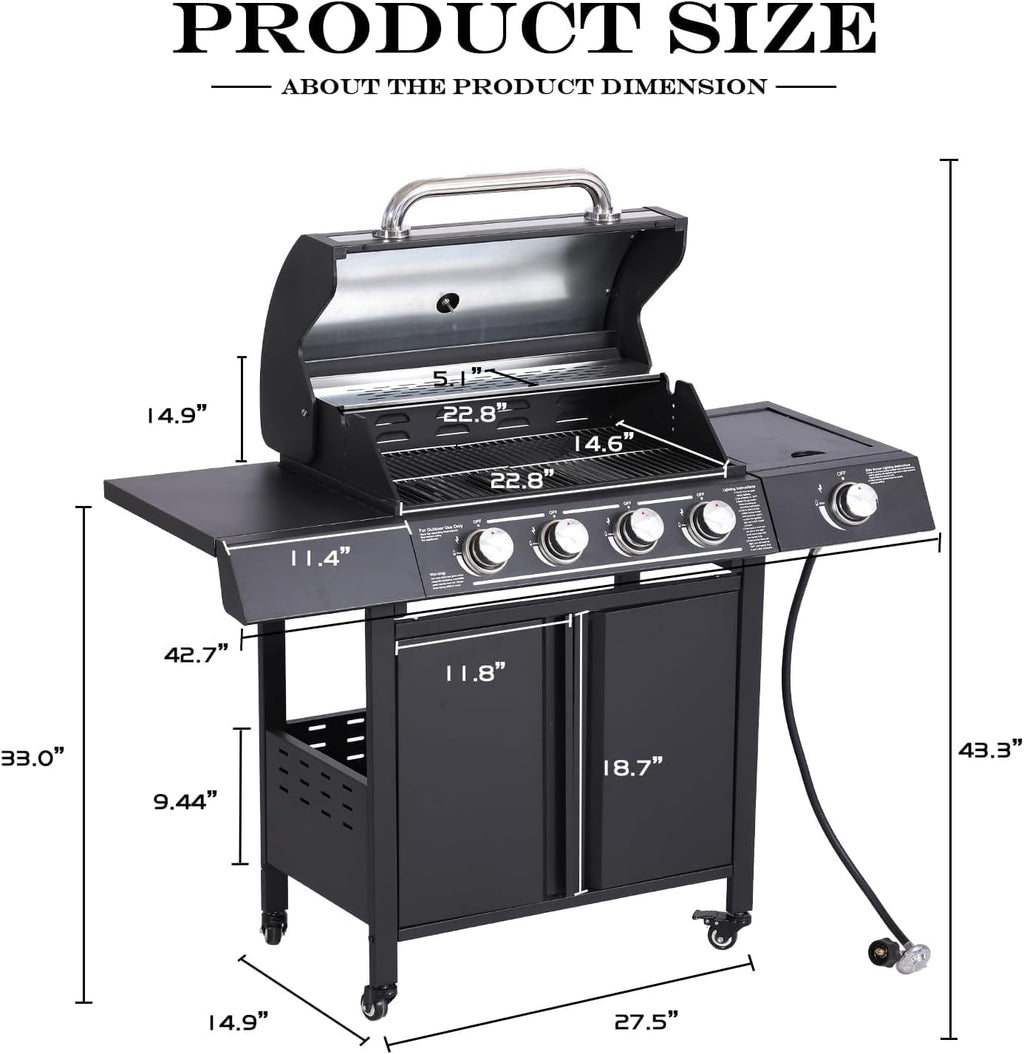 MAGIC UNION 4-Burner Propane Gas BBQ Grill with Side Burner, Cast Iron, Stainless Steel Grates P162