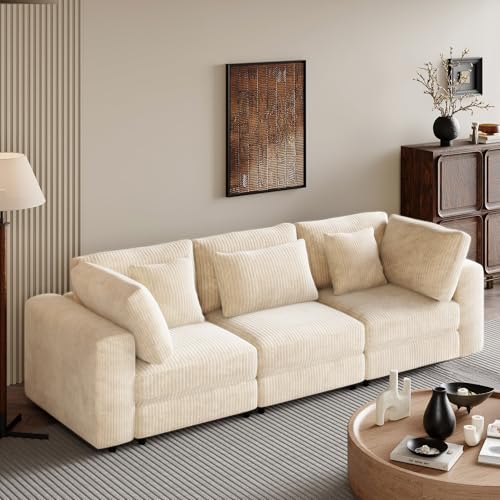 Oversized 3 Seater Sofa Couch, 105'' Modern Upholstered Couch with Removable Back Cushions and 5 Pillows, Comfy Corduroy Fabric Deep Seat Sofa for Living Room, Office, Apartment (Gray)