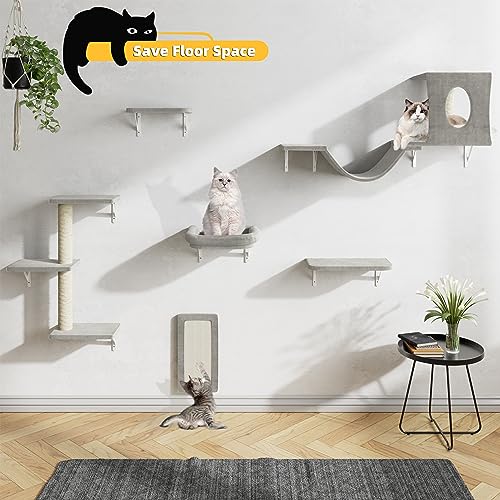 Wall Mounted Cat Furniture 6pc Set with Cat House, Bridge, Steps and Scratcher - Grey M97375