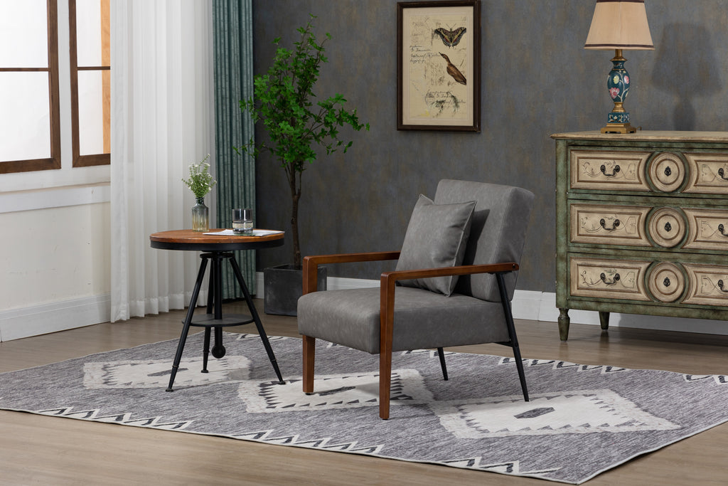 Mid-Century Modern Leather Armchair with Solid Wood Armrest S55508