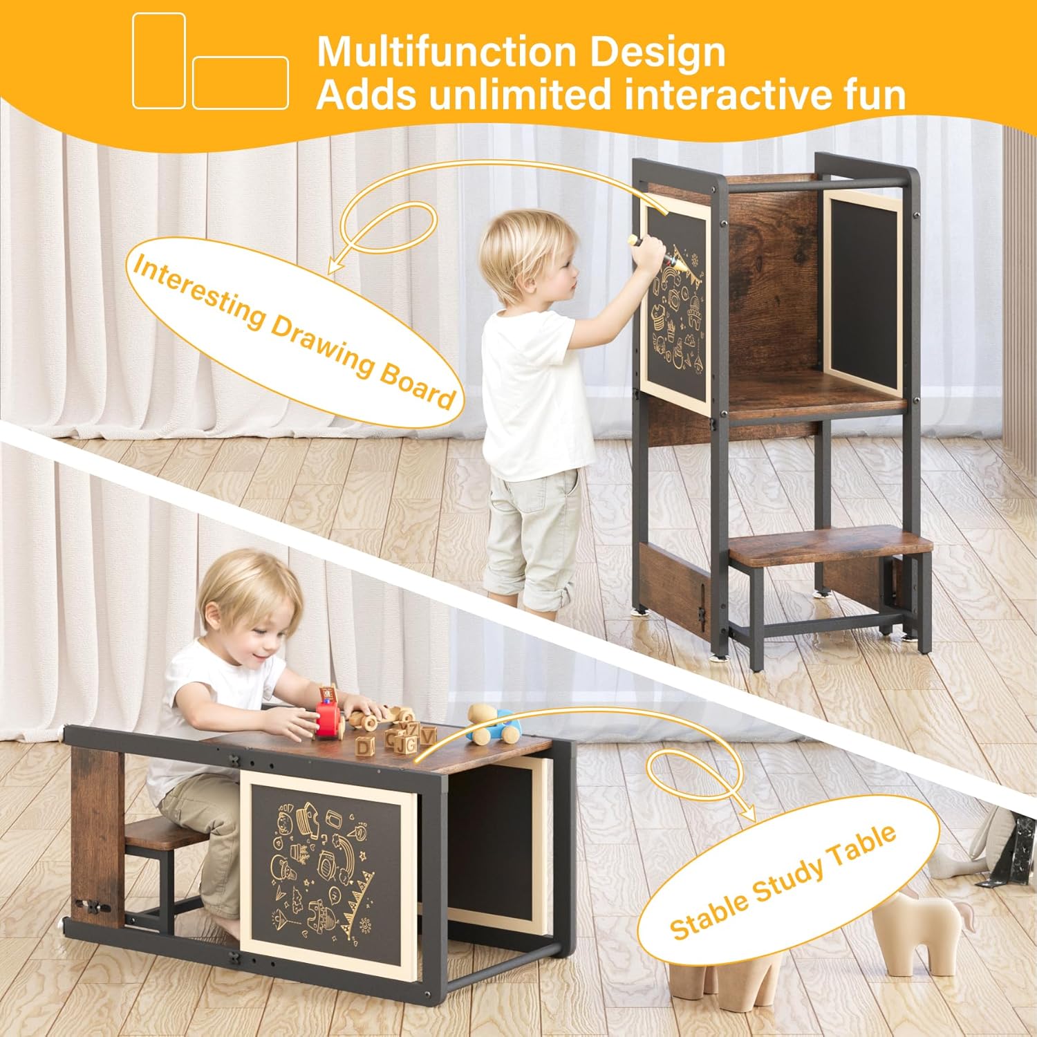 Toddler Kitchen Stool Helper 4-in-1 with Chalkboard Safety Rail, Adjustable Height Wooden Standing Tower J36959