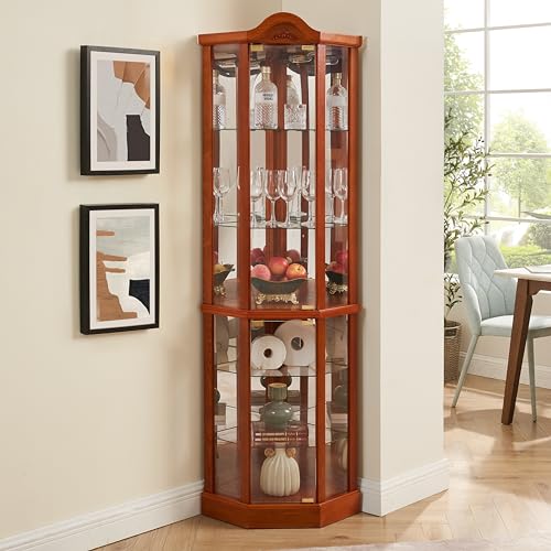 Lighted Wooden Corner Display Curio Cabinet, Curved Shelving Unit Lighted Corner Display with Adjustable Shelves＆Mirrored Back Panel, Tempered Glass Doors for Bedroom, Living Room (Oak)