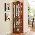 Lighted Wooden Corner Display Curio Cabinet, Curved Shelving Unit Lighted Corner Display with Adjustable Shelves＆Mirrored Back Panel, Tempered Glass Doors for Bedroom, Living Room (Oak)