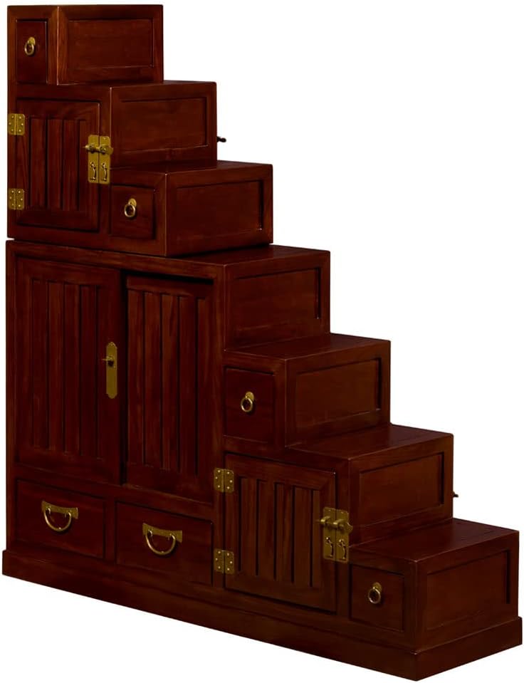 ChinaFurnitureOnline Elmwood Asian Cabinet, Japanese Step Tansu Chest A32086