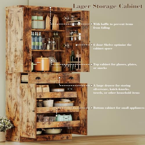Kitchen Pantry Cabinet with Sliding Storage Rack and Hanging Shelves, 72" Tall Freestanding Cupboard M879