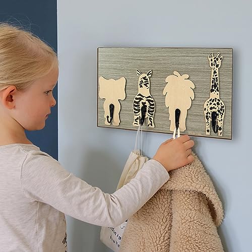 Kids Animal Coat Rack Wall Hooks Wooden Safari Tiger Decor Q407021