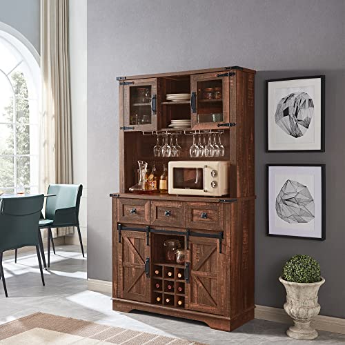 OKD 72" Farmhouse Bar Cabinet with Sliding Barn Door, Rustic White W997