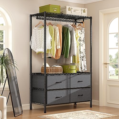 Raybee Clothing Racks with 4 Drawers, Heavy Duty Clothes Rack for Hanging Clothes Adjustable Portable Closet Freestanding Metal Clothing Rack with Shelves for Extra Closet Space, Black
