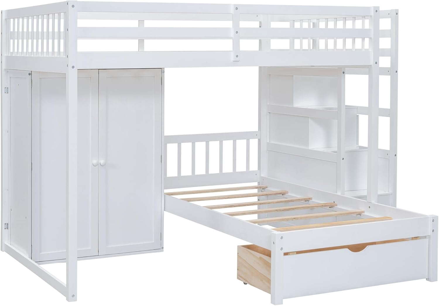 Full Over Twin Wood Bunk Bed with Wardrobe, Staircase and Drawers, White W870118
