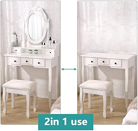 Vanity Mirror Table Set with Stool, White Dressing Table G81513