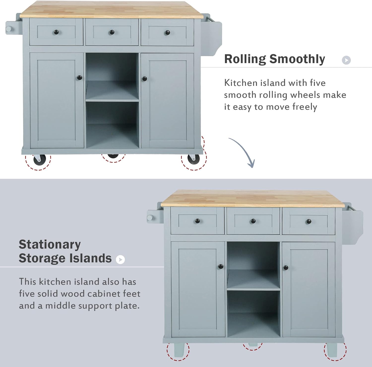 Kitchen Cart with Rubber Wood Drop-Leaf Countertop, 5 Wheels, Blue L307