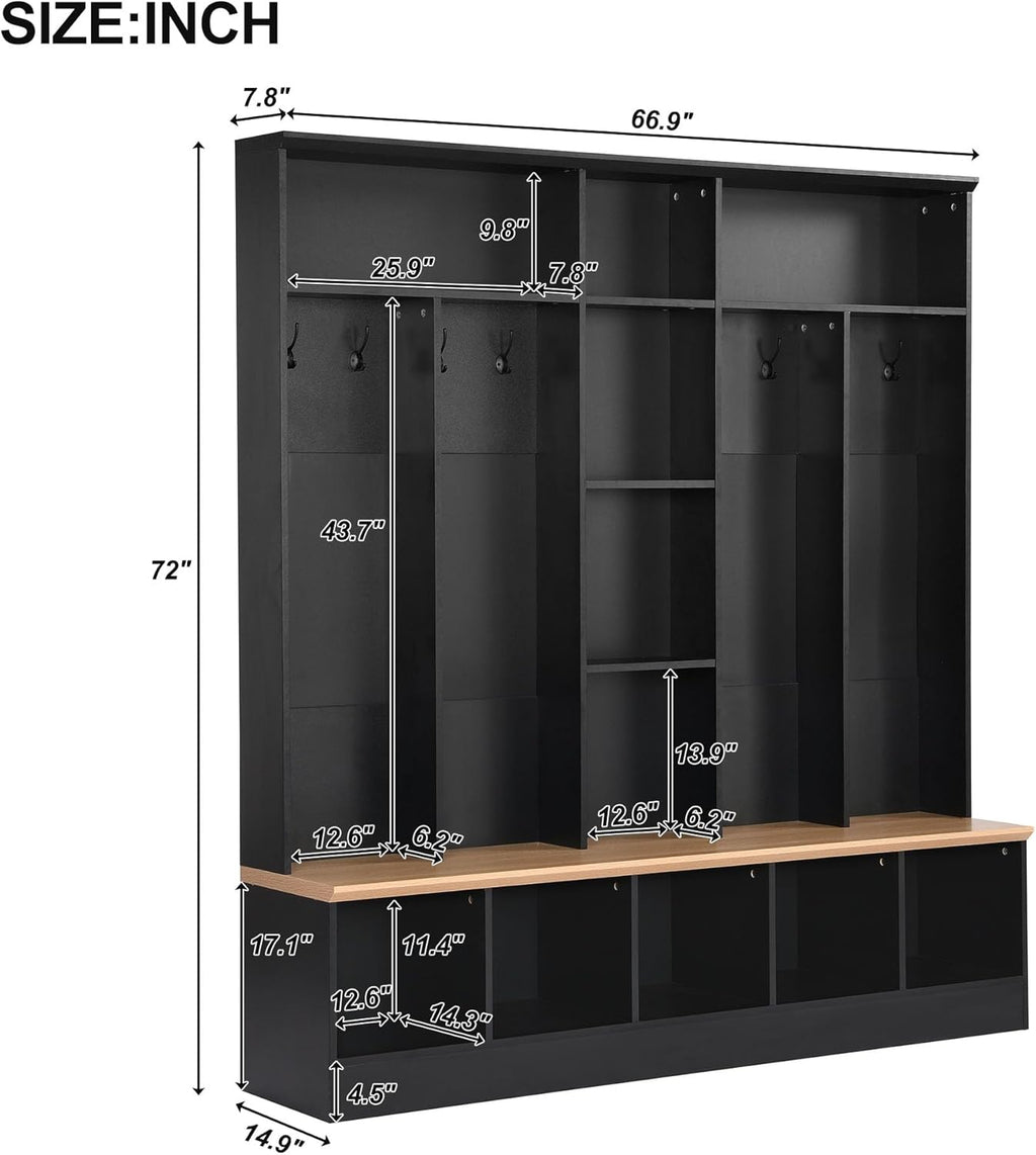 Hall Tree with Storage Bench and 8 Hooks, Black F639396