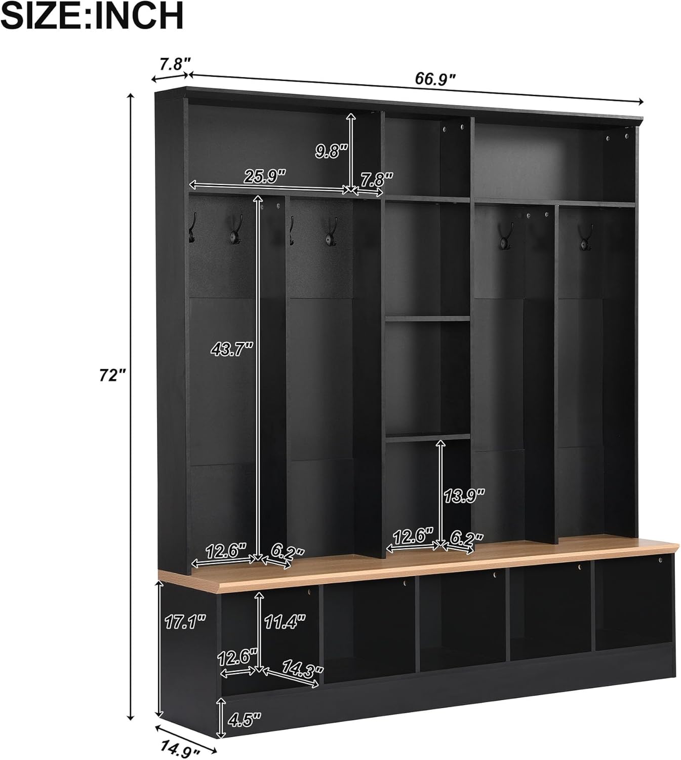 Hall Tree with Storage Bench and 8 Hooks, Black F639396