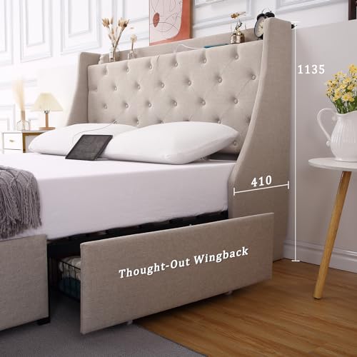Full Size Bed Frame with Charging Station and Storage Drawers Y178