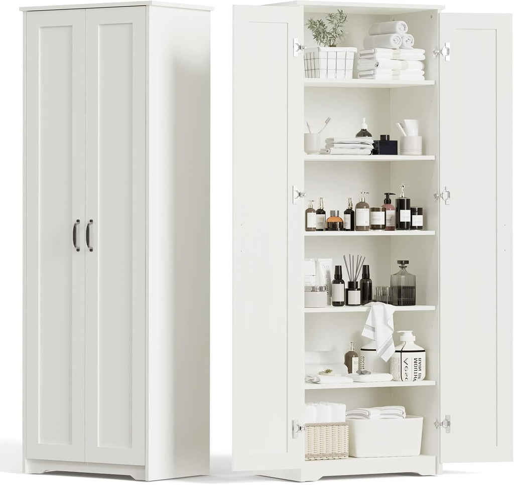 70" Tall Storage Pantry Cabinet, Bathroom Floor Organizer Storage Cabinet with 2 Doors and 6 Adjustable Shelves, Standing Utility Cabinet for Dining Room, Food Storage and Kitchen, White