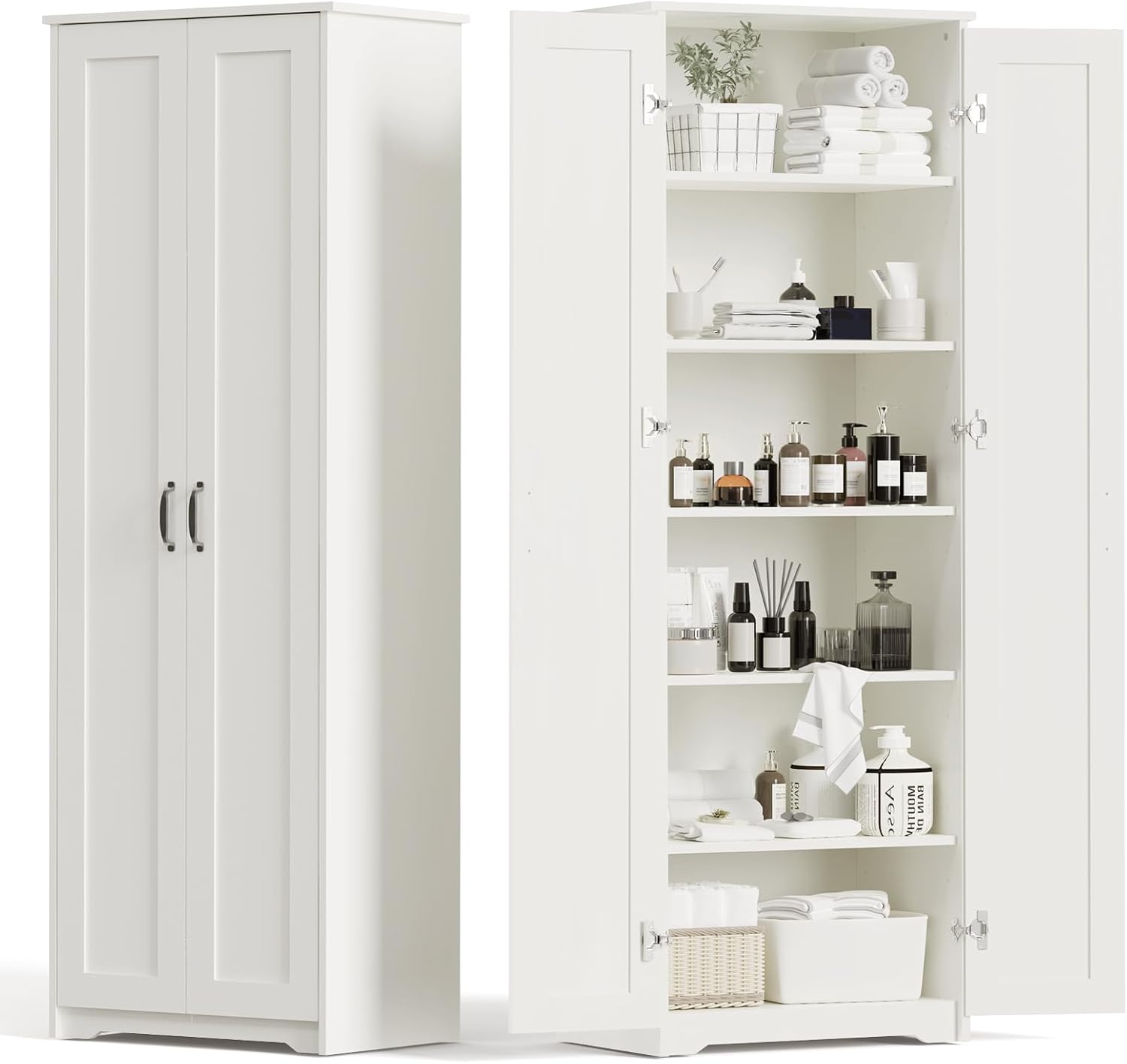 70" Tall Storage Pantry Cabinet, Bathroom Floor Organizer Storage Cabinet with 2 Doors and 6 Adjustable Shelves, Standing Utility Cabinet for Dining Room, Food Storage and Kitchen, White