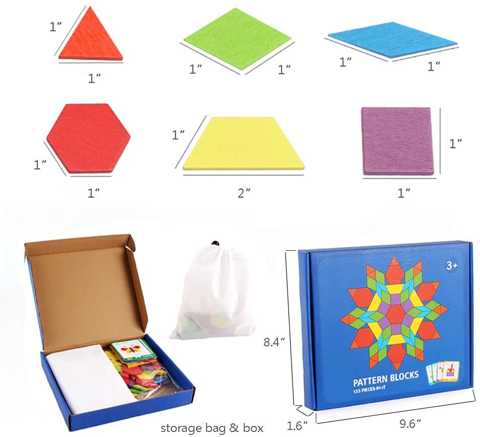 ISHANTECH 155 Pcs Wooden Pattern Blocks Set Geometric Shape Puzzle Montessori Tangram Toys for Kids Ages 4-8 C5106