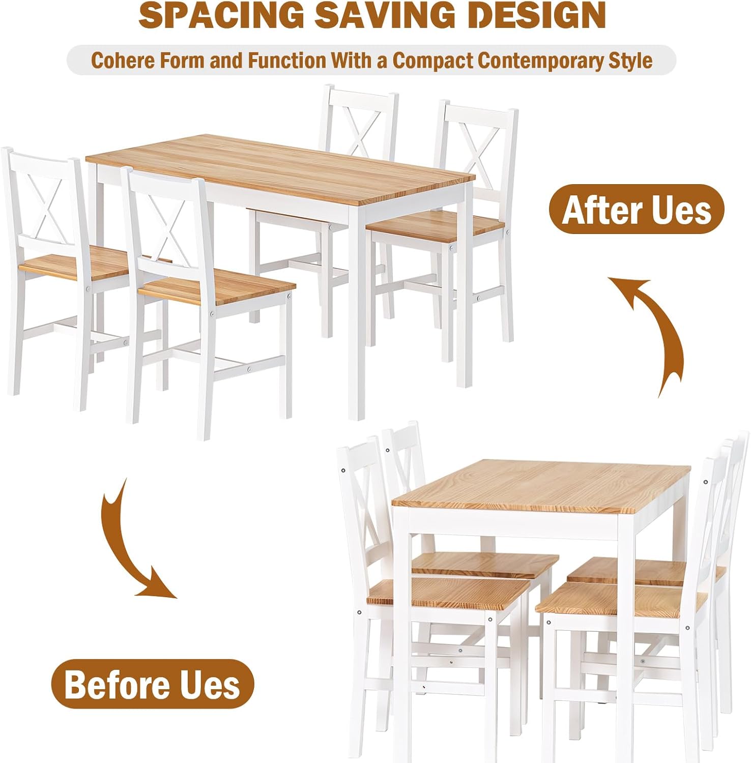sogesfurniture 5-Piece Wood Kitchen Dining Table Set with 4 Chairs, White & Oak R84579