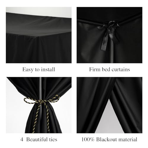 Black Canopy Bed Curtains Queen Lightproof Drapes with Top Ties and Tie Backs G1021
