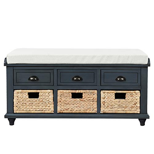 Navy Wood Shoe Storage Bench with Cushion and 2 Drawers E532